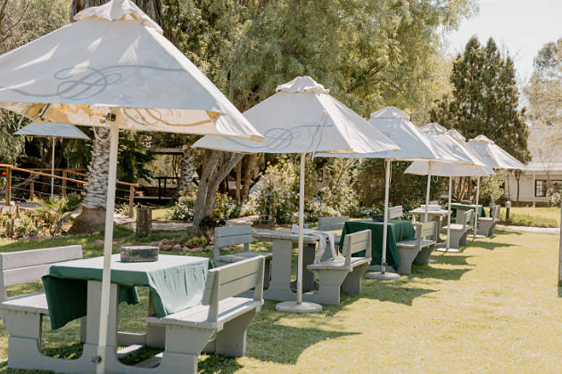 Outside seating under canopies lawn
